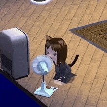 a cartoon girl with cat ears is sitting in front of a fan