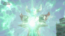 a blue background with a green light coming out of it and the word pokemon on the bottom