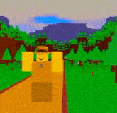 a roblox character wearing a hat is walking down a path in a forest .