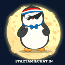 a penguin wearing sunglasses and a bow tie is standing in front of a moon
