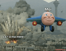 a toy airplane is flying in front of an explosion with the words moi la * a ma mere