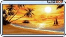 a computer screen shows a sunset on a beach with palm trees and sailboats .
