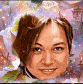 a painting of a woman 's face with flowers in the background