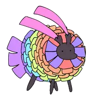 a cartoon drawing of a colorful sheep with a black head