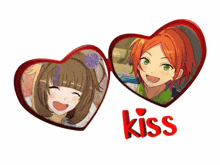 a girl and a boy are in a heart shaped frame with the word kiss below them