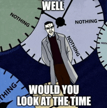 a cartoon of a man standing in front of a clock that says `` well , would you look at the time '' .