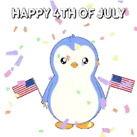 a happy 4th of july greeting card with a penguin holding american flags