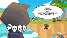 a cartoon character with a speech bubble saying " i hope bat cat and schwarzwalder are okay without me "