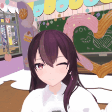 a girl with purple hair is smiling in front of a chalkboard that says os