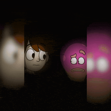 a cartoon character with a surprised look on his face is next to a cartoon character with a purple face