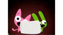 two cartoon characters , one pink and one green , are holding a white object .