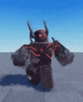 a robot with horns and a red eye is walking on a gray surface .