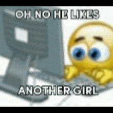 a cartoon smiley face is sitting in front of a computer screen .