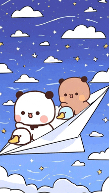 two panda bears and a duck are flying in a paper airplane .