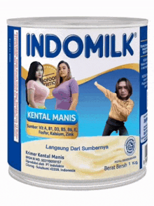 a can of indomilk with a picture of a man and two women on the label
