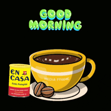 a cup of coffee next to a can that says " en casa "