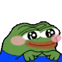 a green frog with a pink cheek is sitting on a blue blanket .