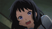 a close up of a girl with purple eyes and a surprised look on her face