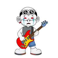 a cartoon character is crying while holding a red guitar that says zhot on it