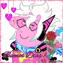 a picture of a pink unicorn with the words buenos dias written below it