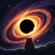 a cartoon bear is sitting in front of a black hole