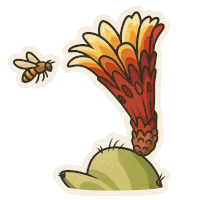 a bee is flying near a cactus with a flower coming out of it