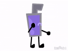 a cartoon drawing of a purple bottle with arms and legs is waving .