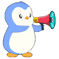 a cartoon penguin is holding a megaphone with the letter o on it