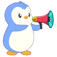 a cartoon penguin is holding a megaphone with the letter o on it