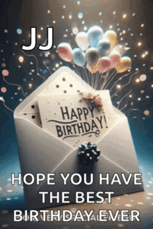 an envelope with balloons and a card that says " happy birthday "