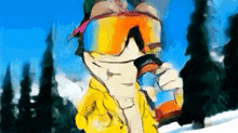a cartoon character wearing a yellow jacket and orange goggles