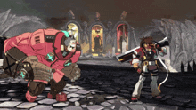 a video game character is holding a gun in front of a building with a cross on it