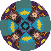 a circular drawing of a woman in a batman suit