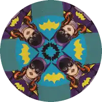 a circular drawing of a woman in a batman suit