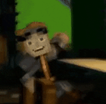 a lego scarecrow with a straw hat and goggles is sitting on a wooden post .