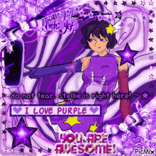 a picture of a girl in a purple outfit that says " do not fear stellie is right here i love purple "