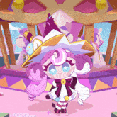 a cartoon character with pink hair and a purple hat stands in front of a carousel