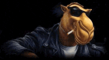 a camel is wearing sunglasses and smoking a cigarette .
