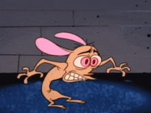 a cartoon character with a pink ear and a big smile on his face