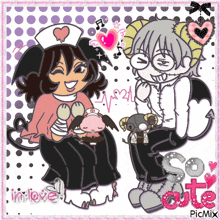 a cartoon of a nurse and a demon with the words so cute on the bottom right