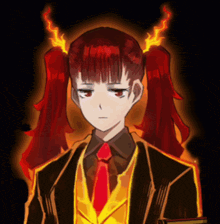 a drawing of a girl in a suit and tie with red hair