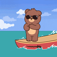 a cartoon bear wearing sunglasses is standing on a surfboard