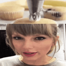 a close up of a woman 's face next to a cupcake