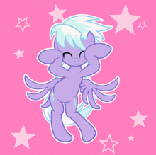 a drawing of a purple pony with white hair on a pink background