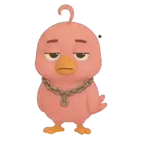 a pink bird with a chain around its neck