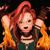 a girl with red hair and glasses is standing in front of fire