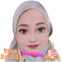 a woman in a hijab with balloons and a birthday cake says happy birthday