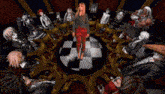 a woman in plaid pants stands in a circle of people