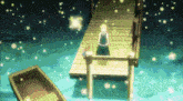 a girl standing on a dock with a cat and a boat