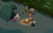 a group of people are gathered around a fire in a video game